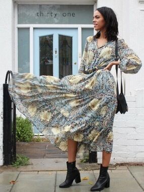 Morris & Co x H&M Pimpernel Floral Tiered Maxi Dress Blue Yellow Size 2 NWOT